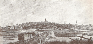 Trains crossing the Back Bay in 1844